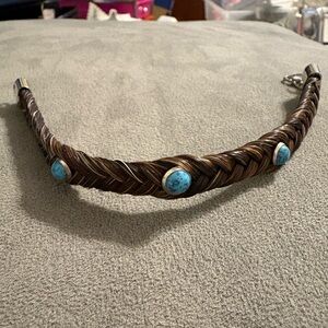 Braided Chevron Brown Horse Hair Bracelet With Three Faux Turquoise Beads 7.5”